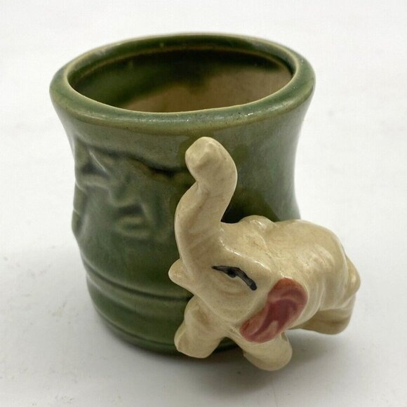 VTG Ceramic Planter Cup Vase Elephant Lucky Trunk Up Green Bamboo Asian 2 3/4”H - Picture 1 of 12